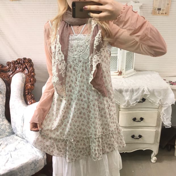 Set)잔꽃 하구미 원피스+홀터 레이스 나시+코랄블라우스 +레이스머플러