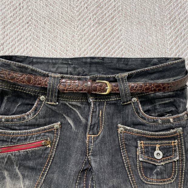 빈티지 크로커다일 패턴 슬림 레더 벨트