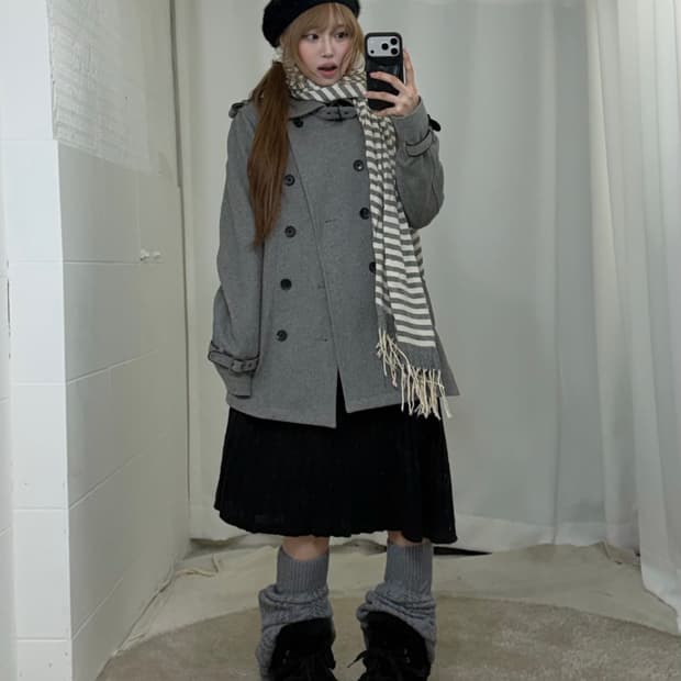 무채색 너드 니혼진 더블버튼 봄코트 코디세트