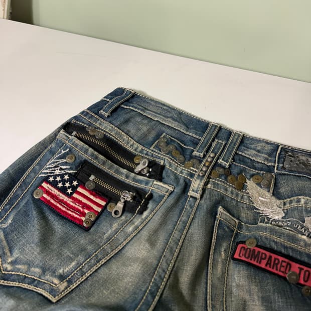 우먼M-L 로빈슨진 슬림 스키니핏 성조기패치 녹워싱 데님팬츠