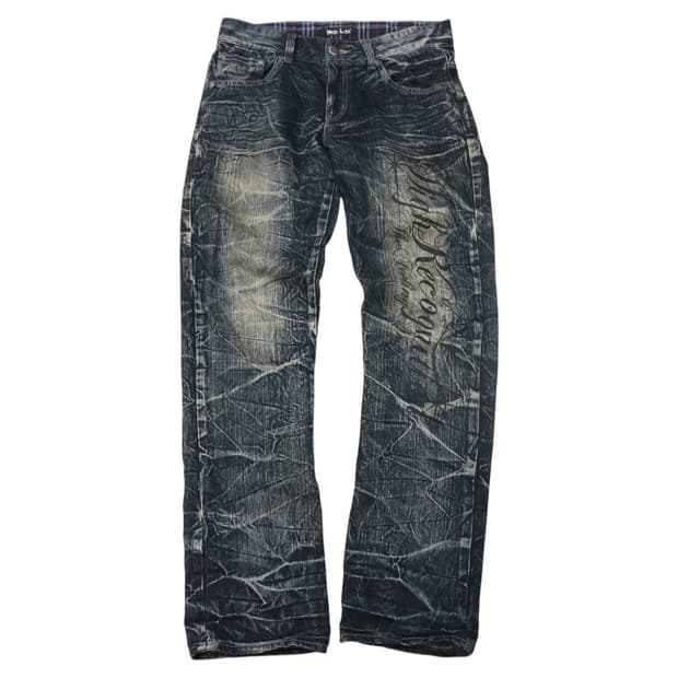 Wild Life 빈티지 스컬 버튼 체크 레이어드 디테일 데님 팬츠