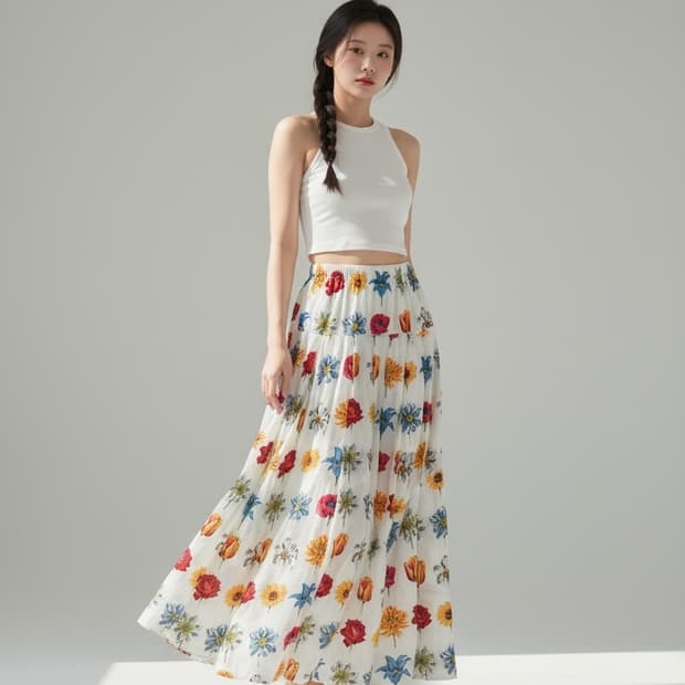 오일릴리 플라워 패턴 롱 플리츠 스커트 S