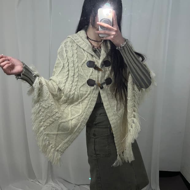 Colza 니트 프린지 후드 케이프