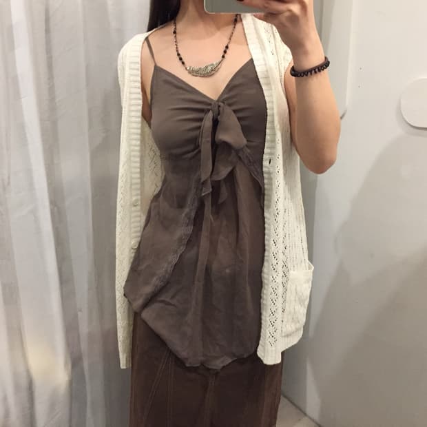 JPN Vintage 웨스턴 모리걸 브라운 쉬폰 슬리브리스
