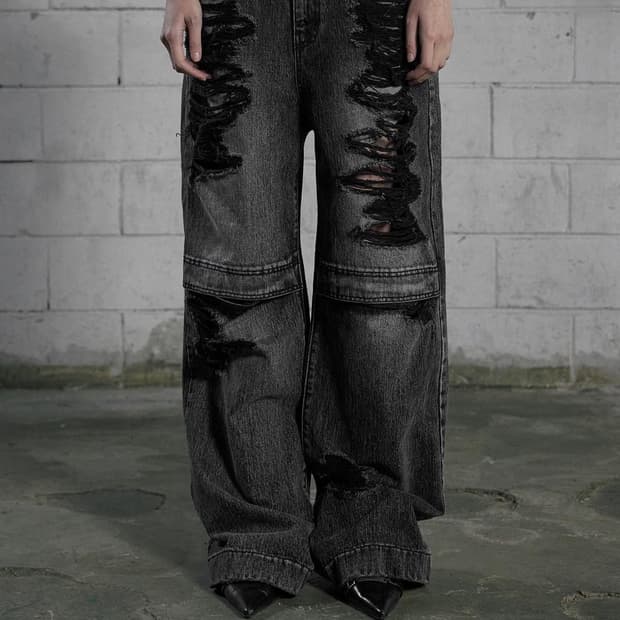 Bohemian seoul knee open wide jeans gray