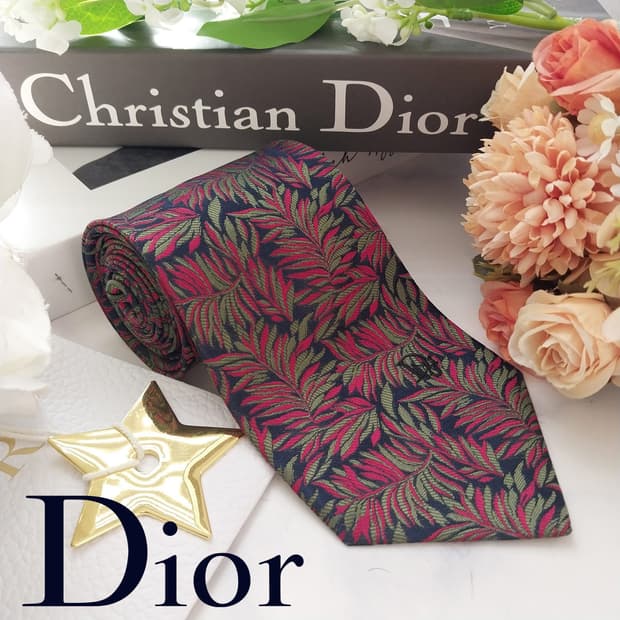 크리스찬 디올 실크 네이비 리프 자카드 넥타이 9cm A+등급 K1871