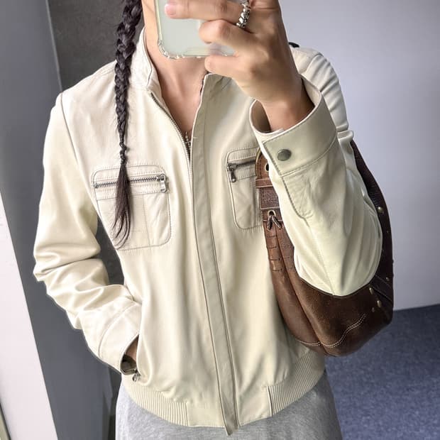 ivory lamb leather zip jacket