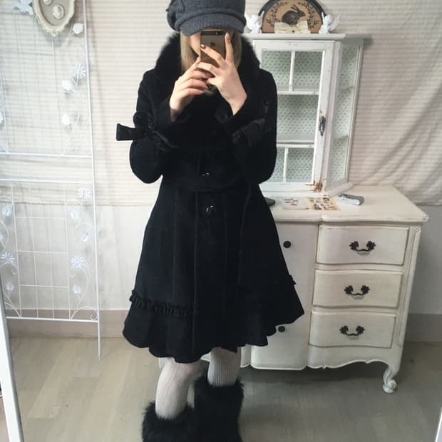jpn vintage black fur collar frill coat