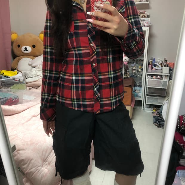 빈티지 레드 체크 퍼 안감 셔츠