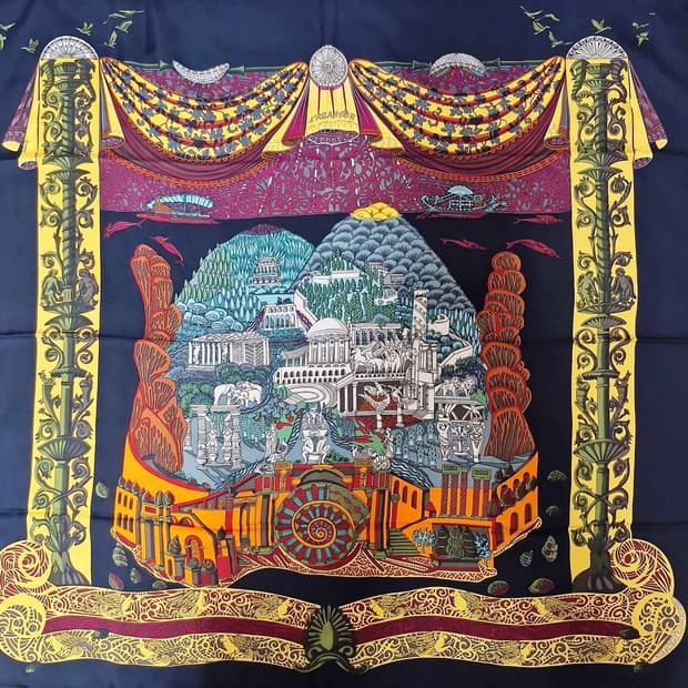 에르메스 까레 90 희귀 스카프 L' Atlantide 블랙 오렌지 레드