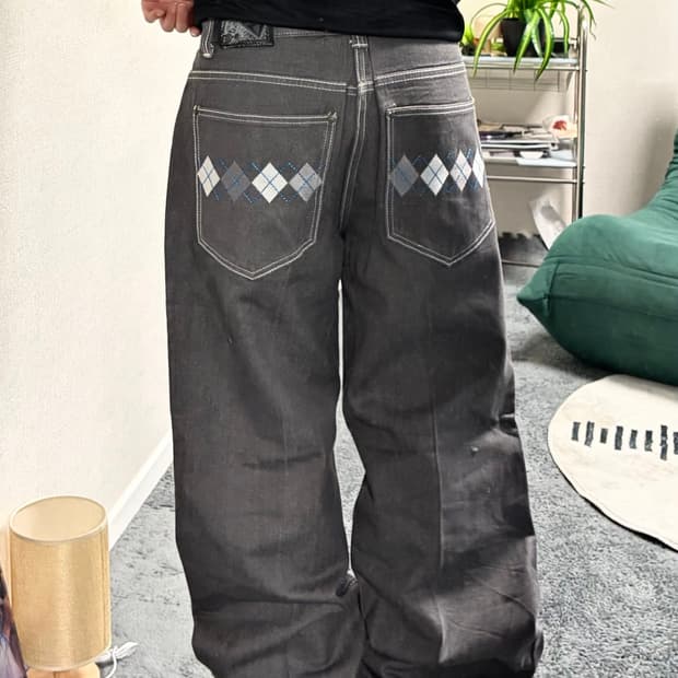 90s 코코아 아가일 디테일 데님 와이드팬츠