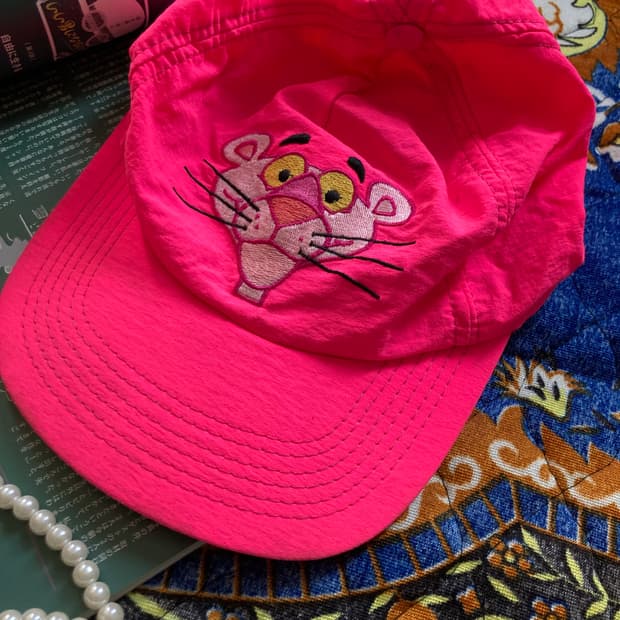 올드 빈티지 80's 네온 핑크 팬더 자수 로고 볼캡 모자