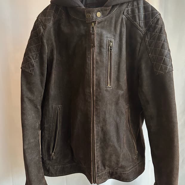 Black rivet 레더 후드 바이커 자켓