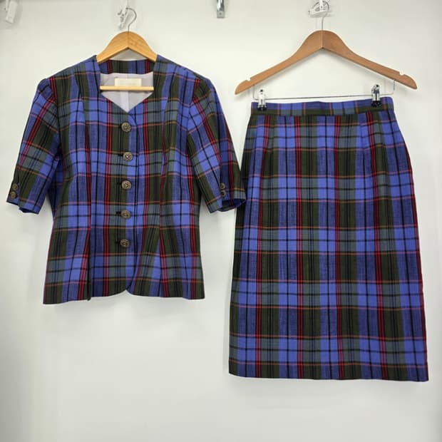빈티지 체크 투피스 세트 클래식 자켓 스커트 세트 레트로 여성룩