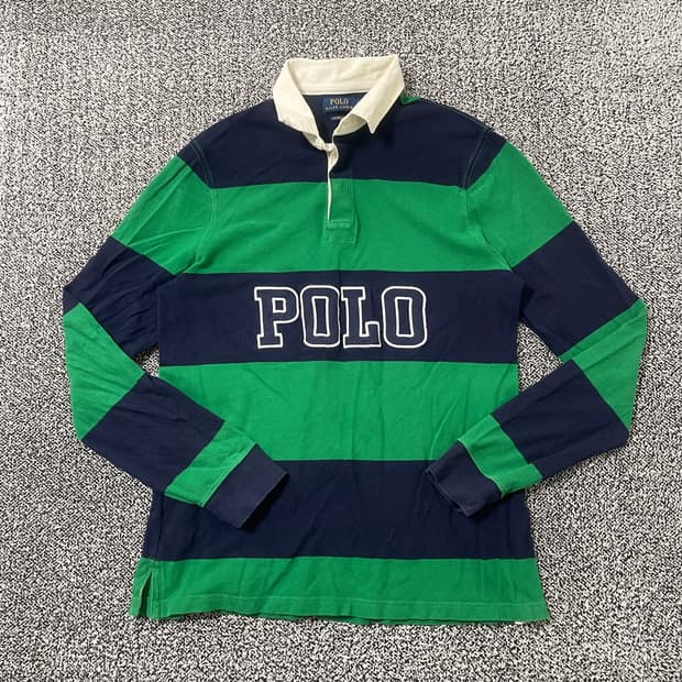 빈티지9. 폴로랄프로렌 스펠아웃 스트라이프 럭비 셔츠 네이비 그린