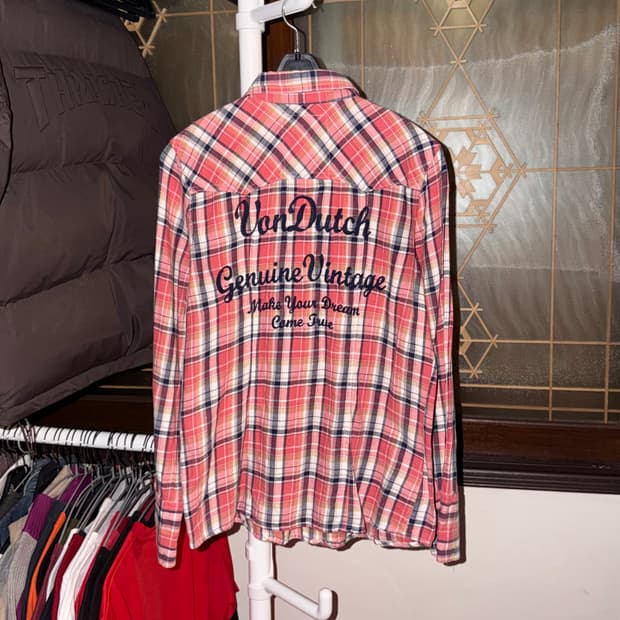 본더치 재팬 Y2K 로고 자수 체크 셔츠 남방 핑크