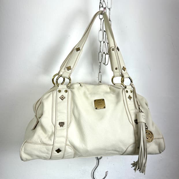 MCM Ivory Patent Leather Stud Motif Larg