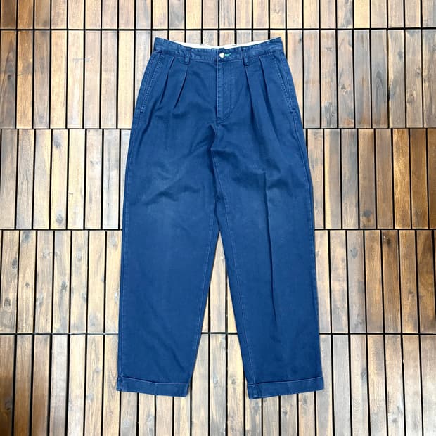 (30) 90s 타미힐피거 월계수 자수 투턱 네이비 치노 팬츠