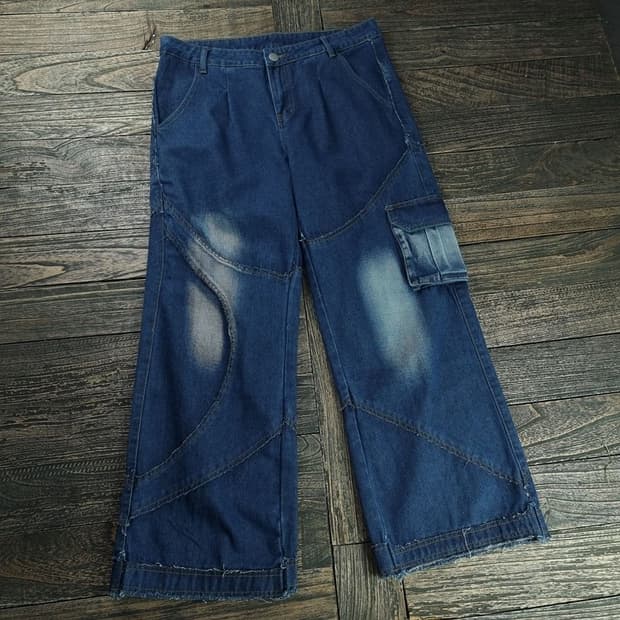[빈티지] 워시드 절개 와이드 카고 데님 팬츠 M18476