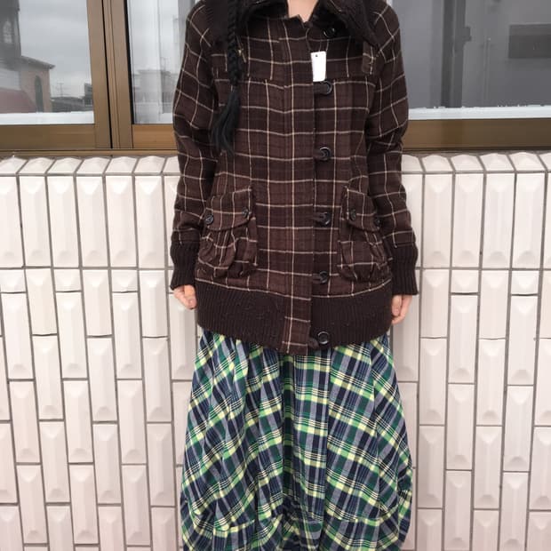 Thick neck point check pattern woolen ja