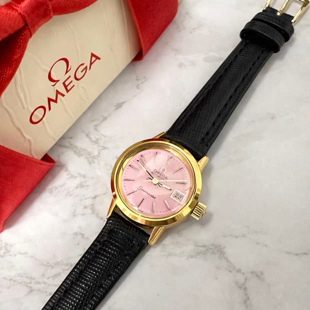 오메가 자동 씨마스터 핑크 여자 금장 시계