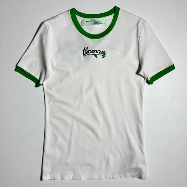 오프화이트 화이트 그린 배색 코튼 링거 반팔 티셔츠 R1710