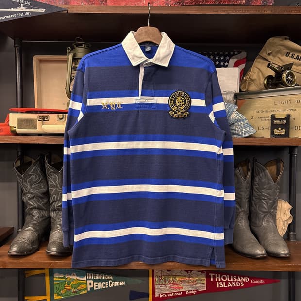 90s 폴로 랄프로렌 NYC레터링 와펜 스트라이프 PK 럭비셔츠 N809