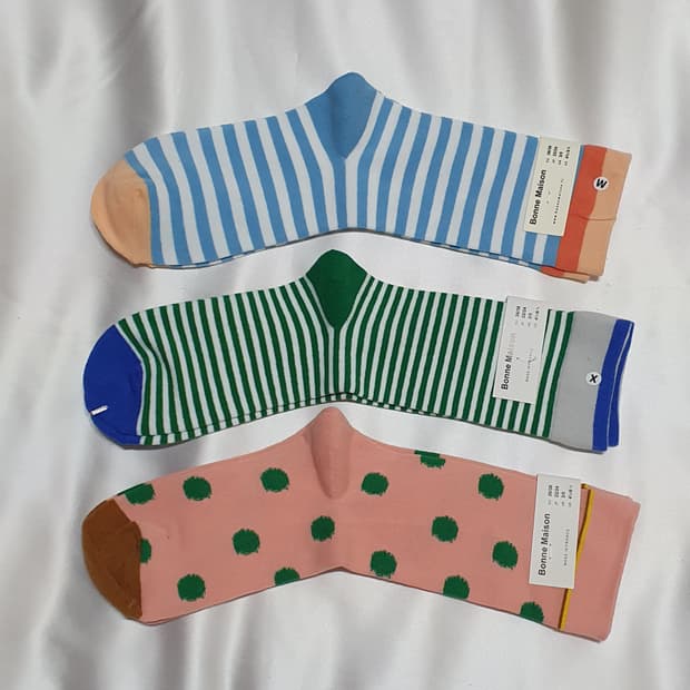 블루 그린 살구 도트 스트라이프 Bonne Maison 본메종 양말