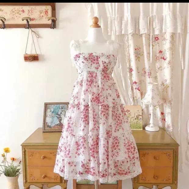 빈티지 잔꽃 캉캉 레이스 프릴 롱원피스