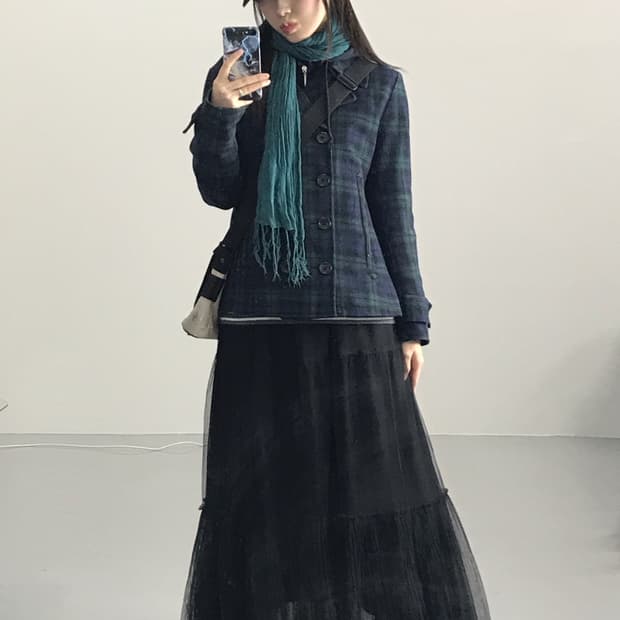 Jpn Wool Check Double-Breasted Coat