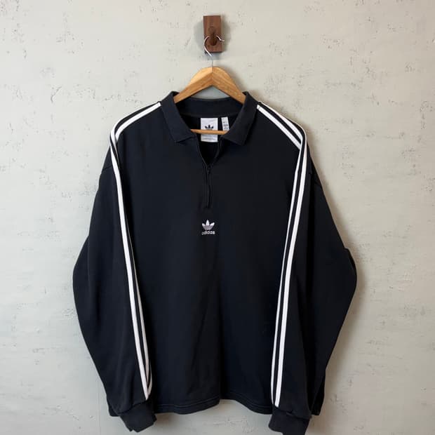 아디다스 삼선 반집업 맨투맨 블랙