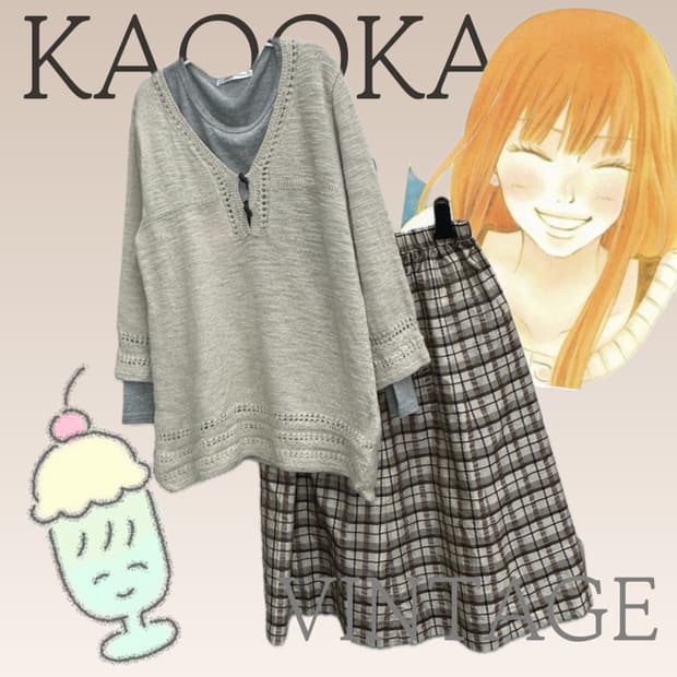 🐈‍⬛사와코의 고양이 폭닥니트 레이어드 코디세트🐈‍⬛미디 체크치마 봄