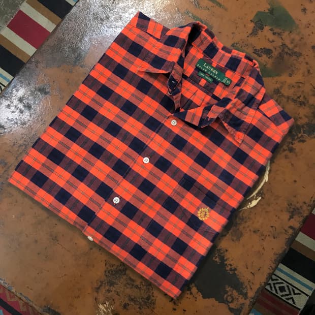 랄프로렌 그린 라벨 네이비 오렌지 타탄 체크 옥스포드 셔츠 남성 115