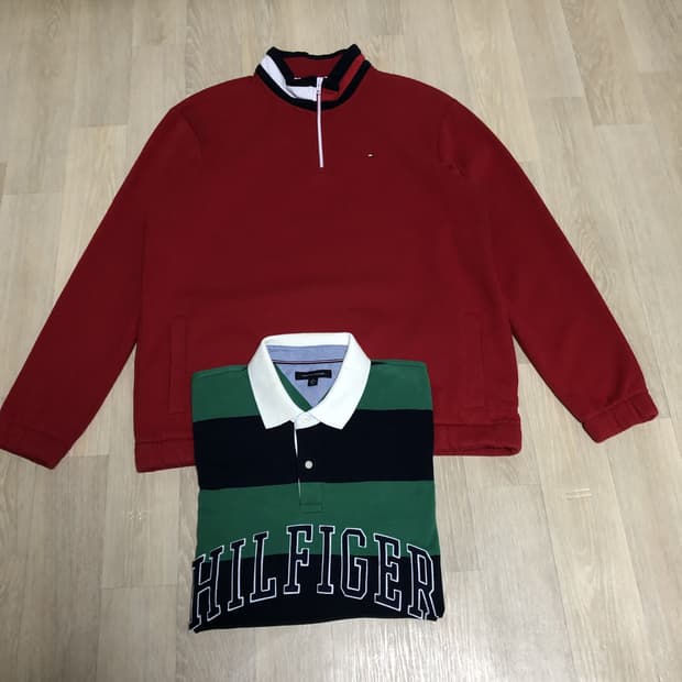 (XXL) 타미 힐피거 하프 집업 플리스 자켓 + 스트라이프 피케 긴팔티