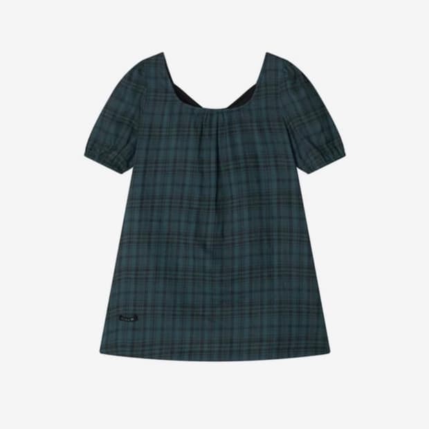 콜로신스 Black Tie Blouse Teal Check 체크 블라우스