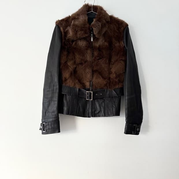 Hem buckle fur leather jacket / brown