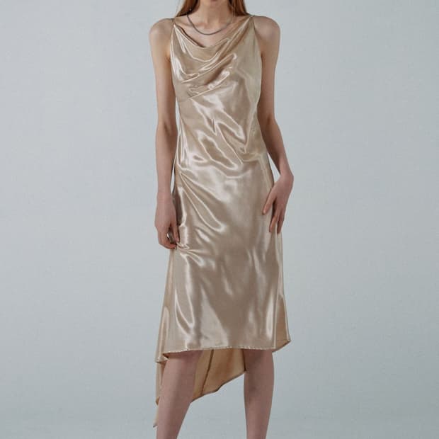 Unbalance Cowl Satin Dress Pale Beige