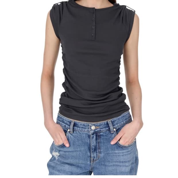 [구해요ㅠㅠ!!] 썬번프로젝트 헨리넥 셔링 티셔츠 차콜