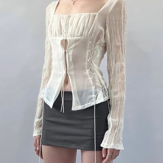 본네 블라우스 bonnae lace up chiffon blouse
