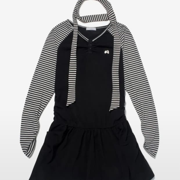 스트라이프 헨리넥 드레스 (블랙)