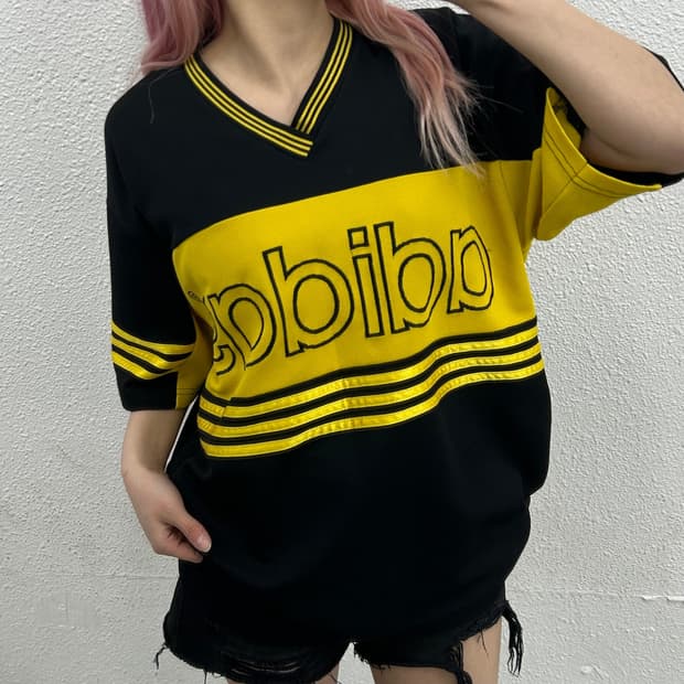 90s 아디다스 옐로우 배색 블랙 빈티지 하프 셔츠