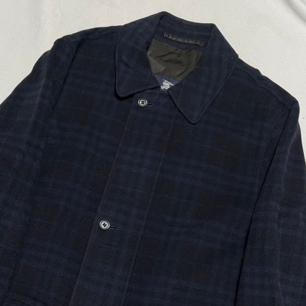 L 버버리 네이비 체크 울 코트