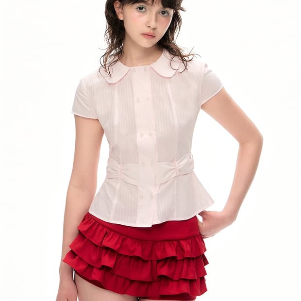 테스트메커니즘 반팔 블라우스 핑크 리본 셔츠 디얼마이키코 shop cor