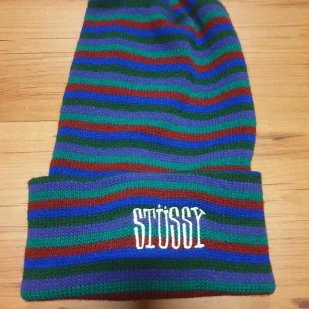 90s 빈티지 스투시 로고 자수 스트라이프 롱 비니