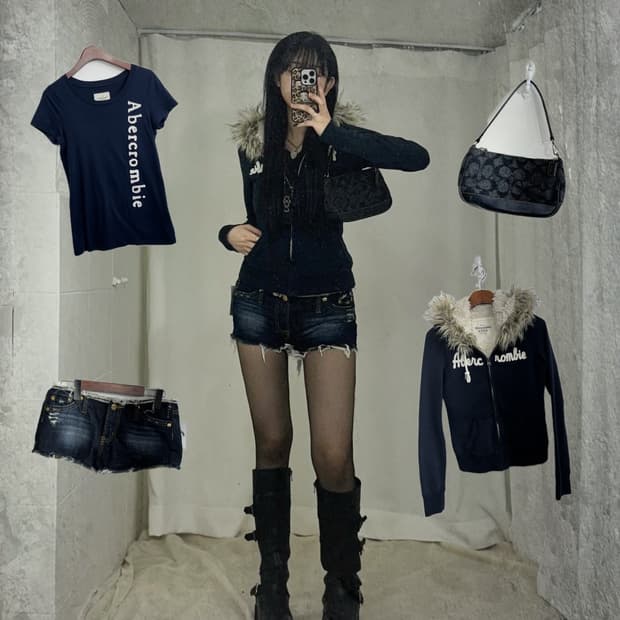 아베크롬비 울프죠 네이비 딱붙 후드집업 와투케 코디세트 