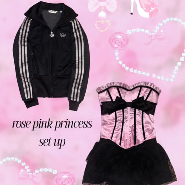 [셋업] 갸루 핑크리본탑 코르셋 아디다스 큐빅져지