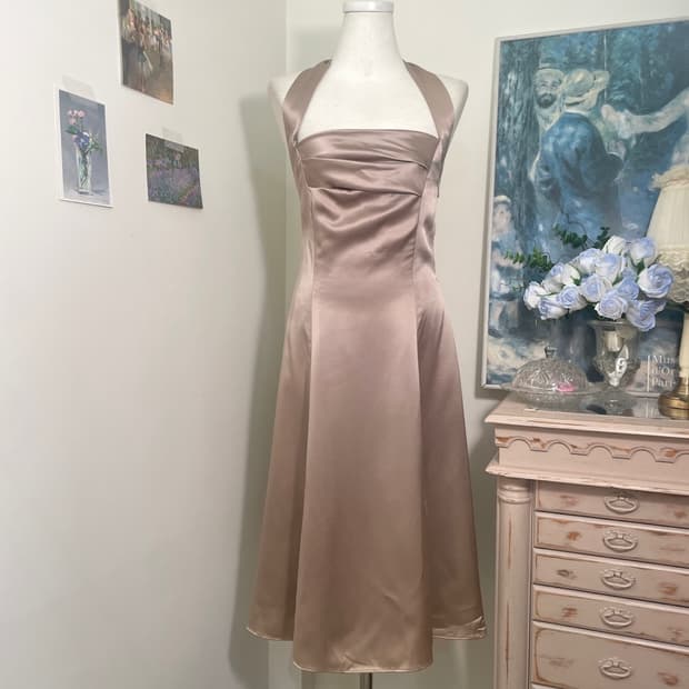 beige satin halter draping beatiful opc