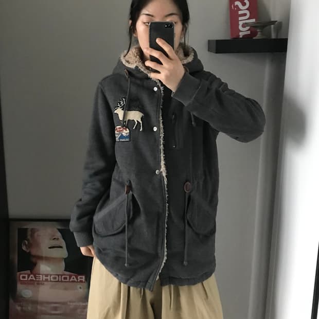 지프 패치 로고 기모 양털 코트 후드집업