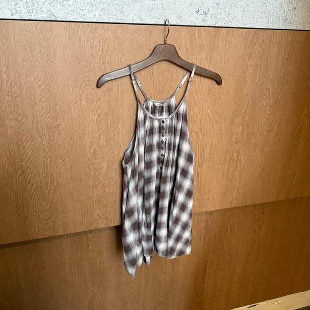 빈티지 슬리브리스 롱 블라우스 체크 패턴 디테일 브라운 k156