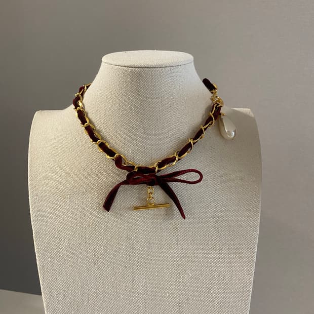 빈티지 버건디 벨벳 리본 진주 초커